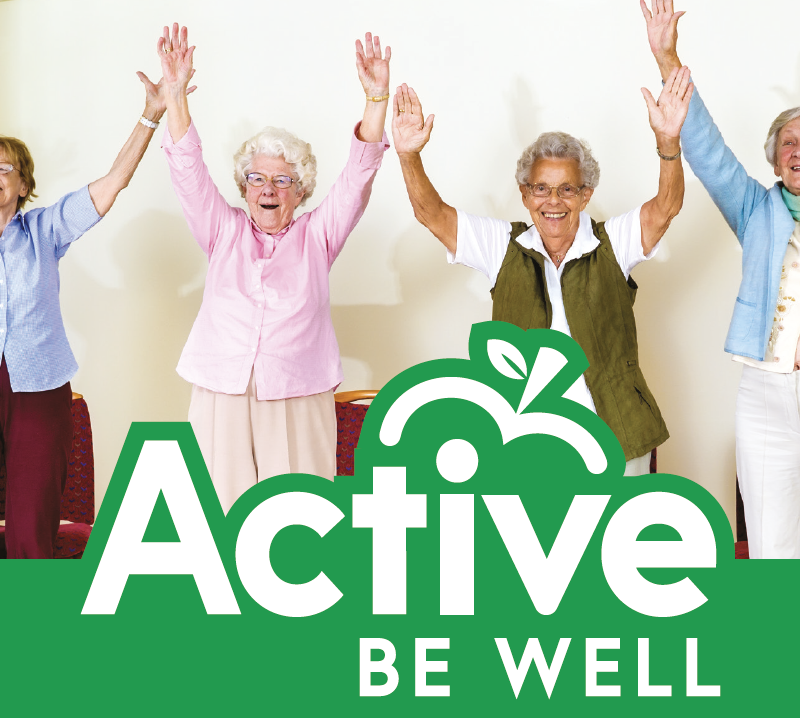 Four folder people looking joyful with the Active Be Well logo