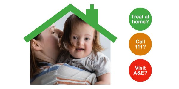 Photo of a mum and a baby in a house-shaped frame. There is three bubbles of text saying "treat at home", "Call 111?", and "Visit A&E?"